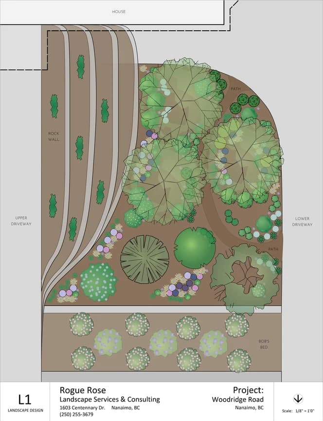 Landscape design plan for Woodridge Road with rock wall, upper and lower driveway and circular garden feature