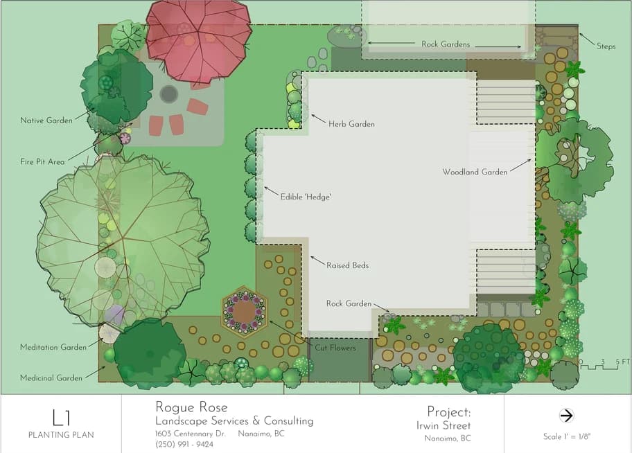 Landscape design plan for Irwin Street with native garden, herb garden, fire pit area and meditation garden