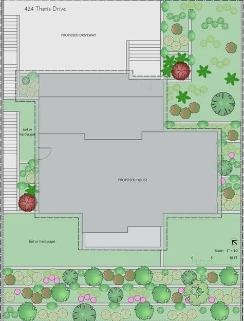 Landscape design plan for 424 Thetis Drive surrounding a proposed new home build