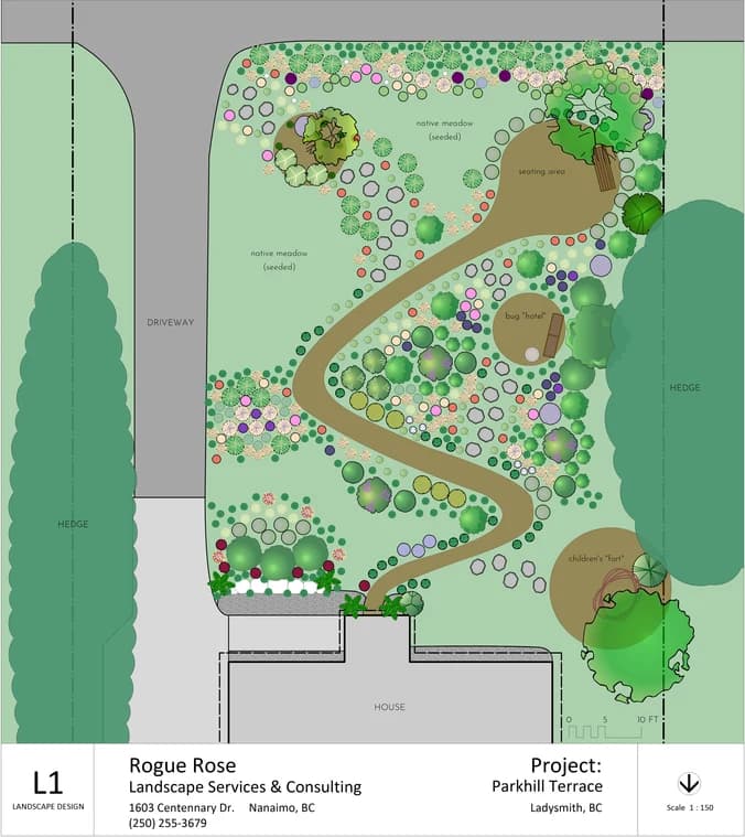 Landscape design plan for Parkhill Terrace featuring a winding naturalistic path through meadow-style plantings