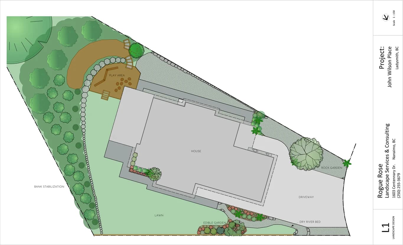Landscape design plan for John Wilson Place with play area, edible garden, dry river bed and rock garden
